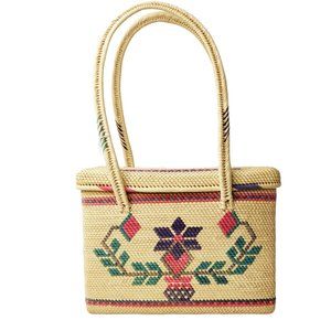 Vintage 1970s 80s Floral Straw Woven Market Bag w/